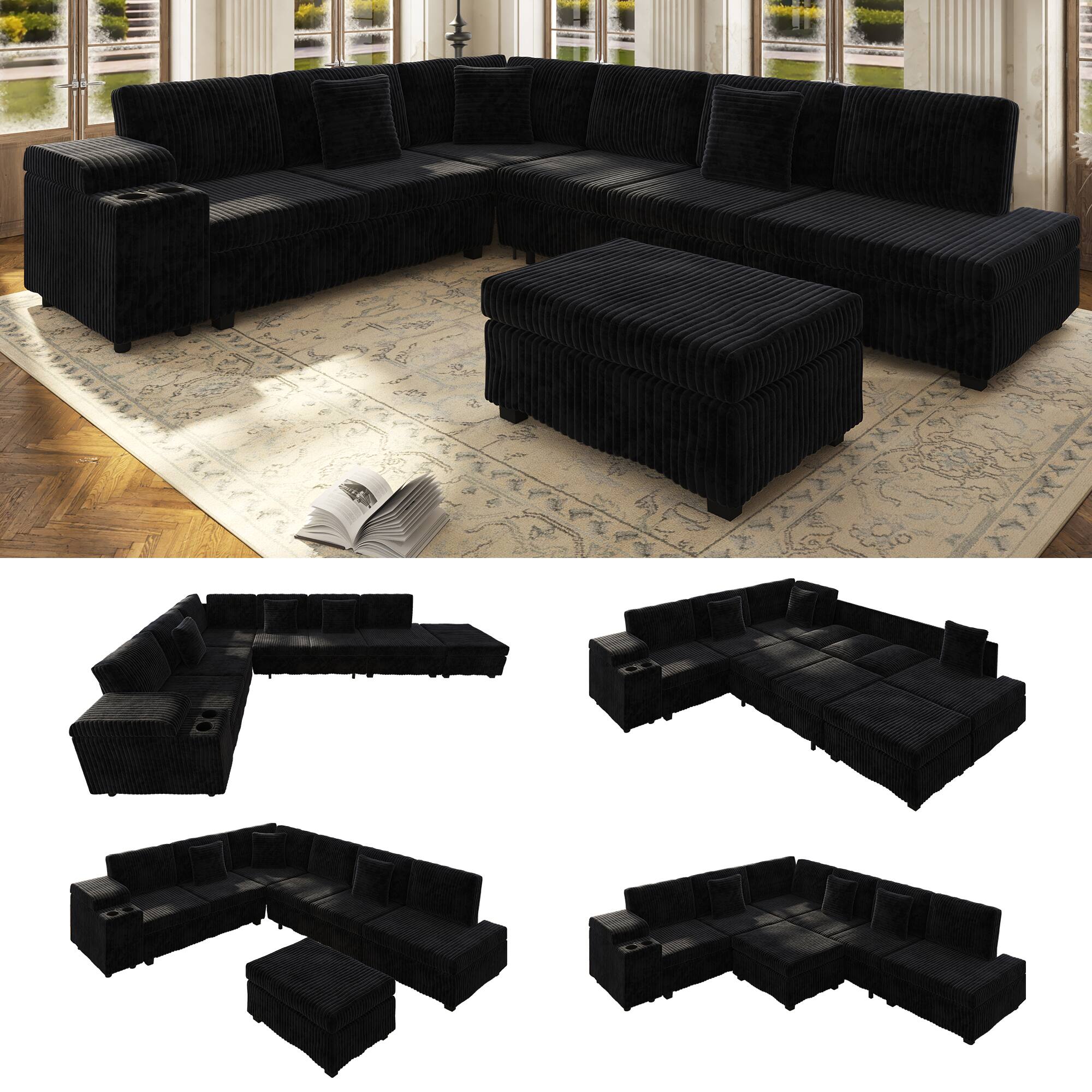 Alt View 5. Anysun - 110.2" L-Shaped Convertible Corduroy Sectional Sofa Set with Removable Ottoman, Hidden Storage, USB Ports & Cup Holders - Black.