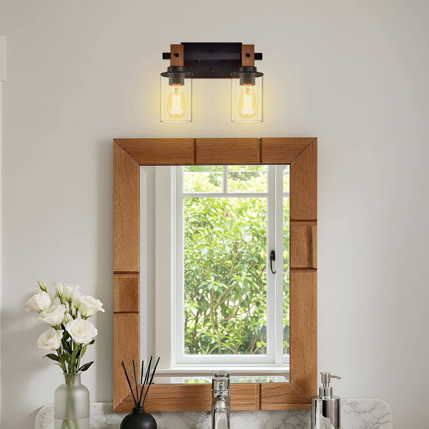 Left. TECH SAFARI - Farmhouse Bathroom Light Fixtures Vanity With Clear Glass Cylinder Shades Matte Metal Wood Rustic Wall Sc - 2-Light.