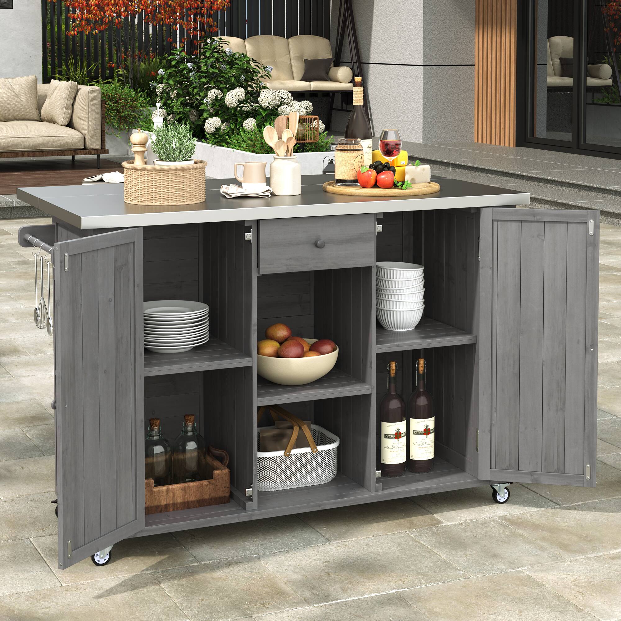 Left. Mondawe - Fir Wood Outdoor Kitchen Island with Stainless Steel Top, Towel and Spice Racks and a Bottle Opener - Grey.