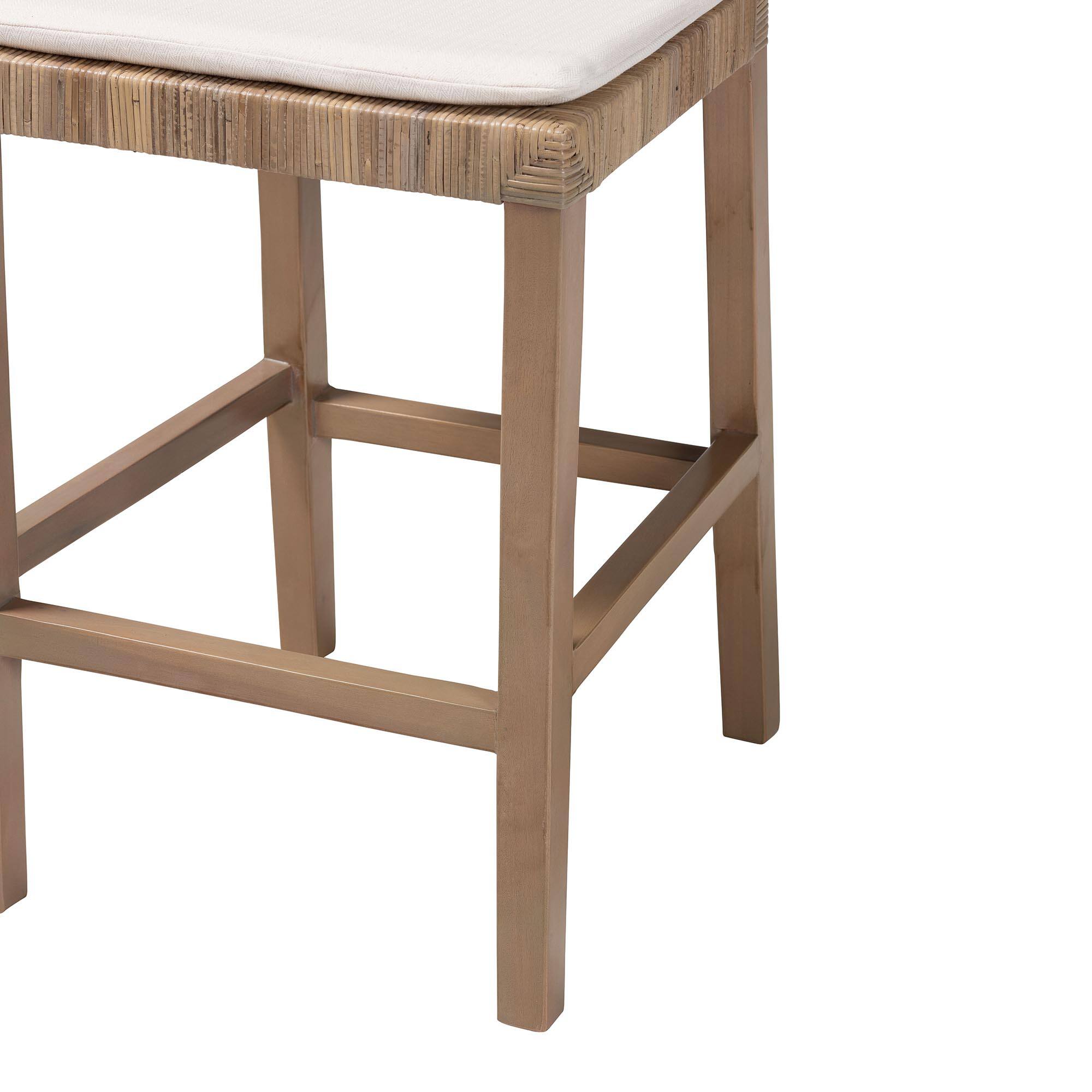 Alt View 2. bali & pari - Poltak Modern Bohemian Natural Kubu Rattan and Mahogany Wood Counter Stool - Kubu Grey/Rustic Taupe.