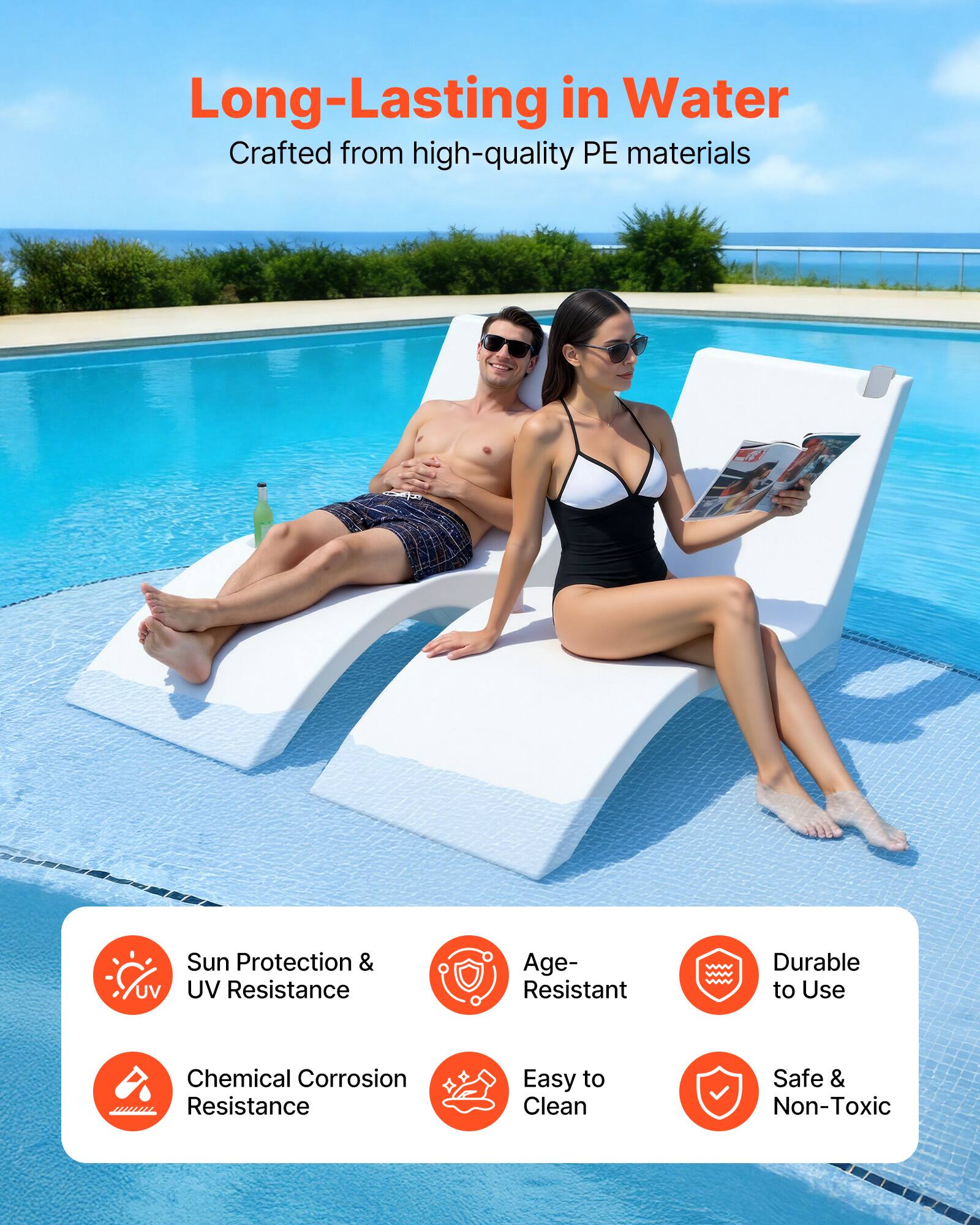 Long-Lasting in Water  
Crafted from high-quality PE materials  

Sun Protection & UV Resistance  
Age-Resistant  
Durable to Use  
Chemical Corrosion Resistance  
Easy to Clean  
Safe & Non-Toxic