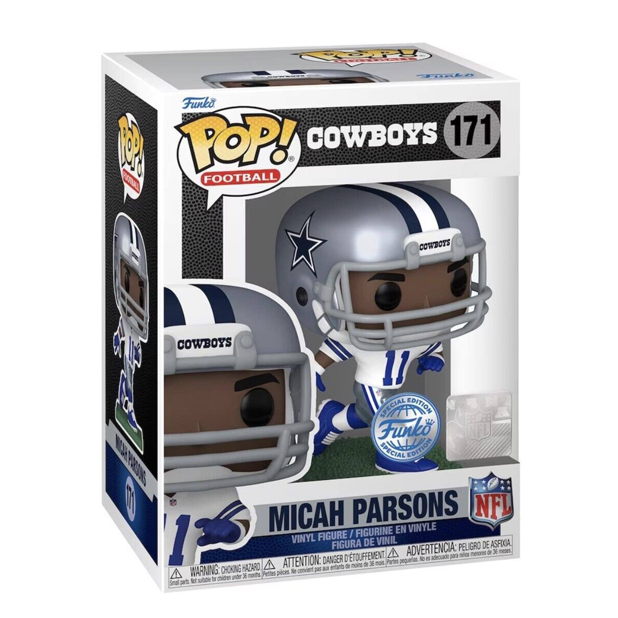 Funko POP! FOOTBALL  
COWBOYS 171  
MICAH PARSONS  
SPECIAL EDITION  

VINYL FIGURE / FIGURINE EN VINYLE / FIGURA DE VINIL  

WARNING: CHOKING HAZARD - Small parts. Not for children under 3 years.  
ATTENTION: PELIGRO DE ASFIXIA - Piezas pequeñas. No es adecuado para niños menores de 3 años.  
ADVERTENCIA: DANGER DE D'ÉTOUFFEMENT - Petits pièces. Ne convient pas aux enfants de moins de 3 ans.
