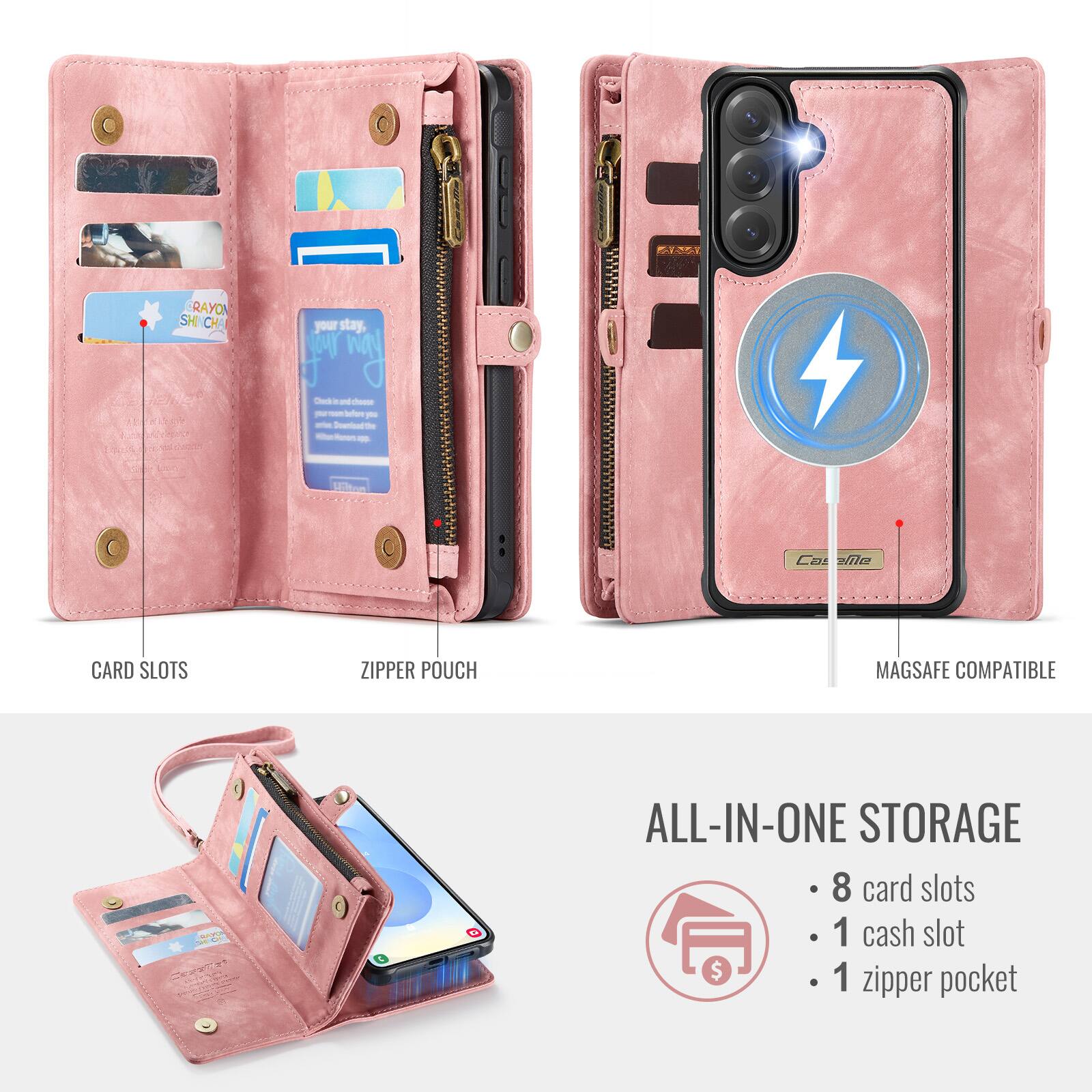 RAYON SH CHA your stay, ur F m Cea . - - - baure - - Seead -   La Me CARD SLOTS ZIPPER POUCH MAGSAFE COMPATIBLE ALL-IN-ONE STORAGE 8 card slots 1 cash slot 1 zipper pocket