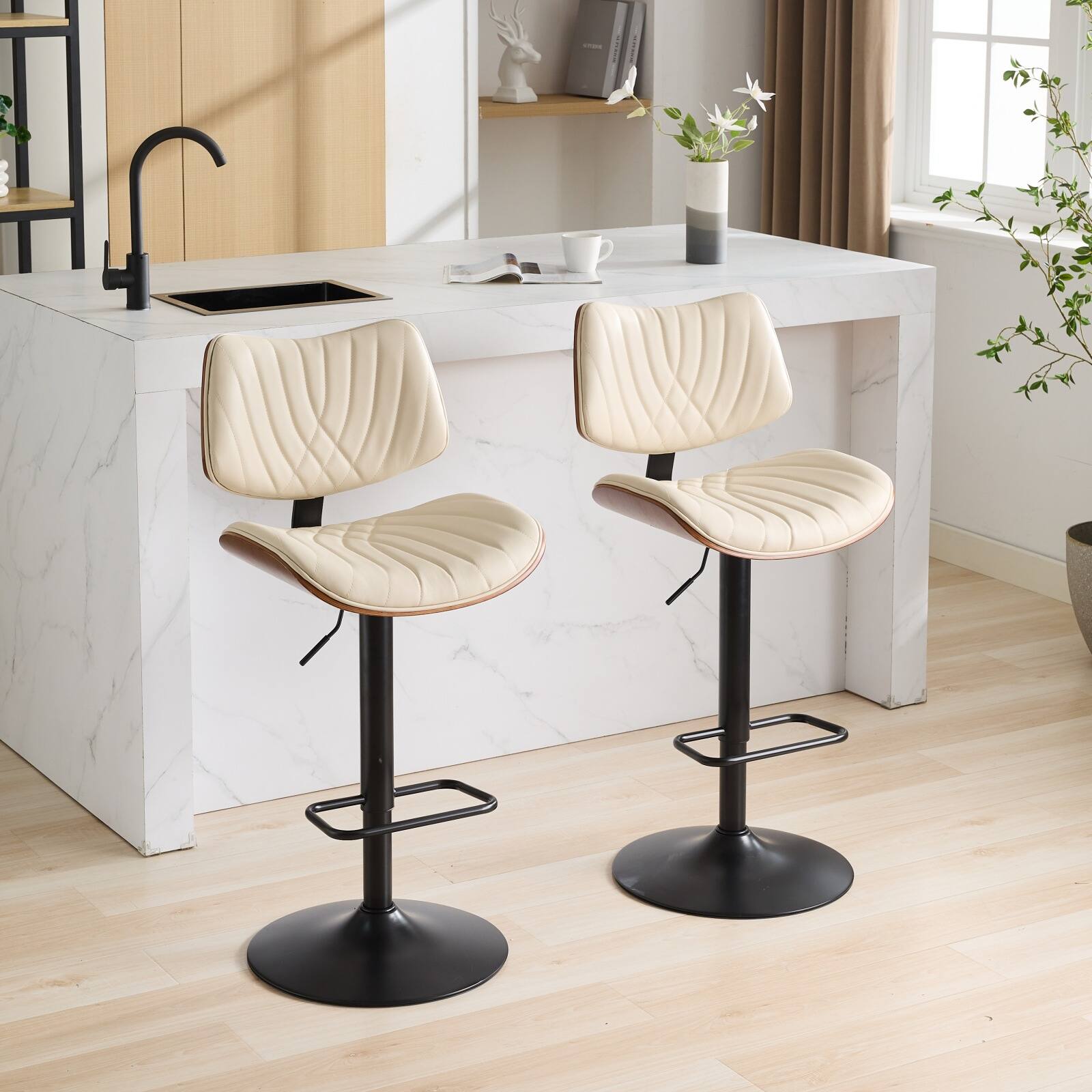 Alt View 1. PexFix - Mid-Century Bentwood Bar Stools, Set of 2, Modern Upholstered Leather, Adjustable Swivel for Dining Room or Cafe - Beige.