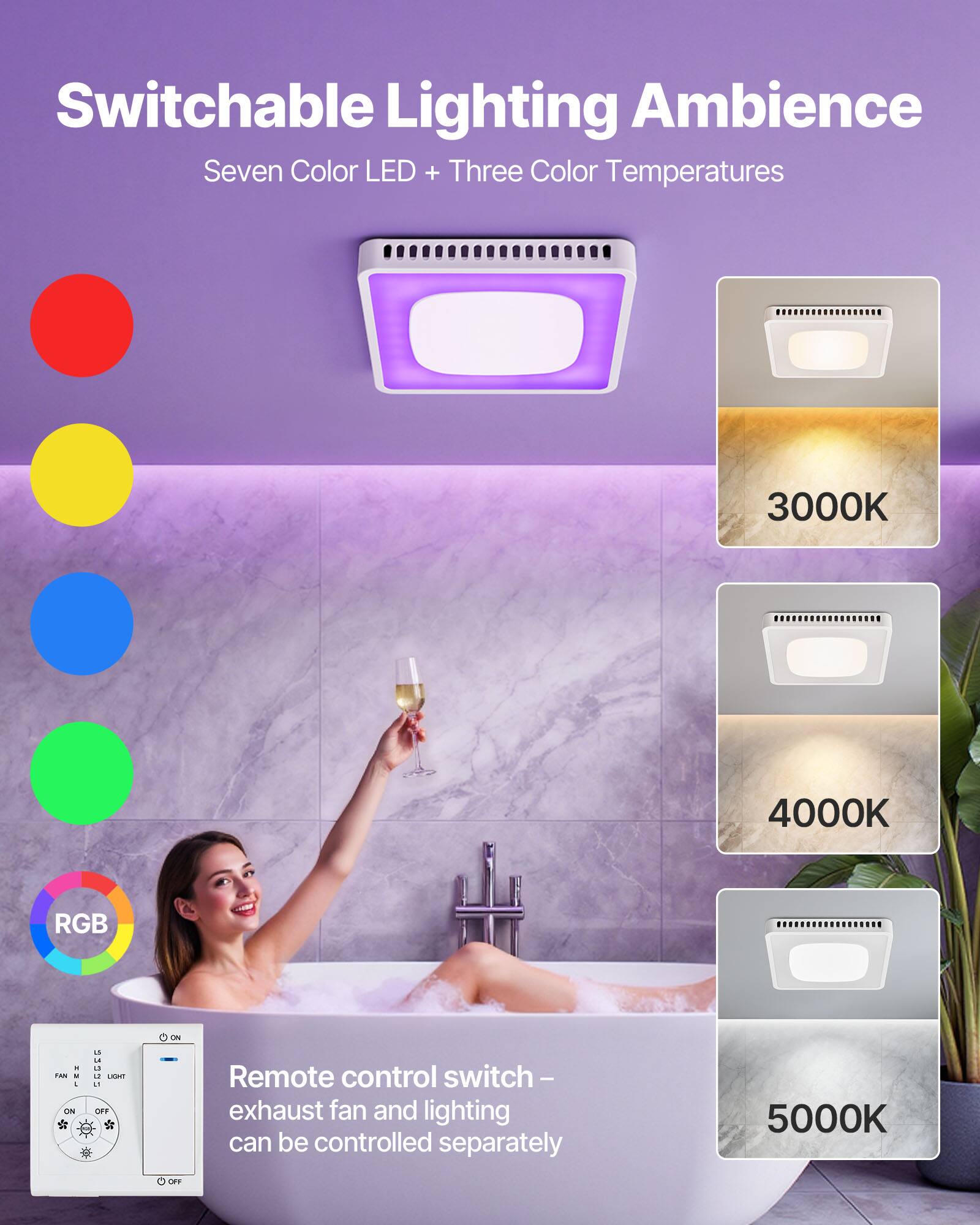 Switchable Lighting Ambience  
Seven Color LED + Three Color Temperatures 3000K 4000K RGB  
Remote control switch - exhaust fan and lighting can be controlled separately 5000K