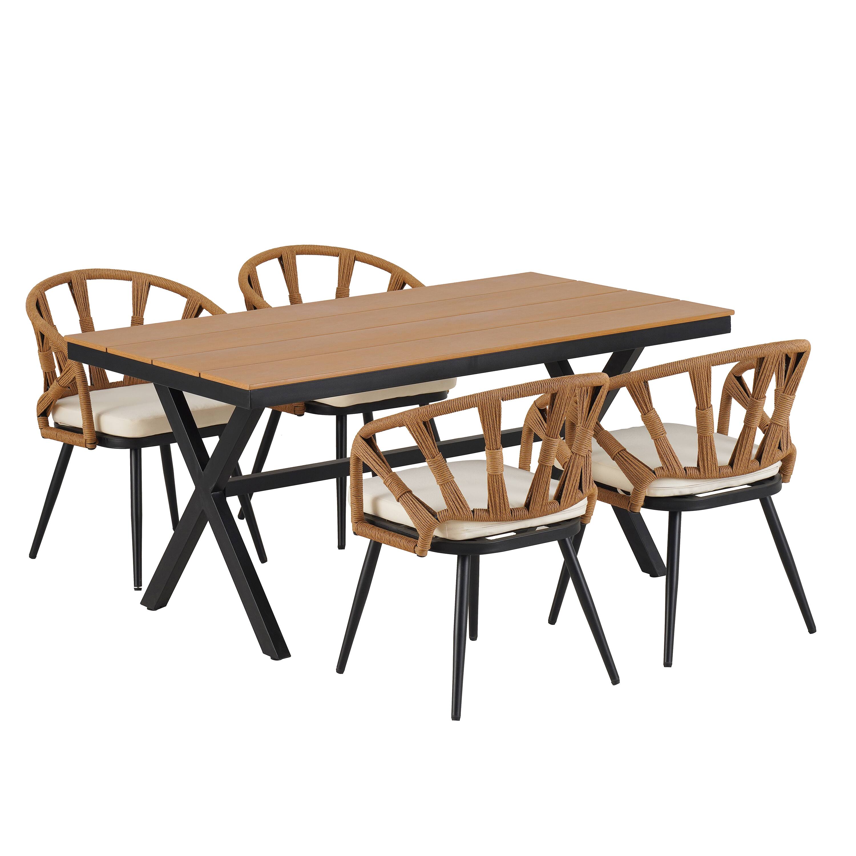 Mondawe - 5-Piece Outdoor Set with PE Rattan Chairs and Plastic Wood Table - Dark yellow