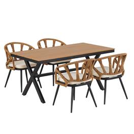 Mondawe - 5-Piece Outdoor Set with PE Rattan Chairs and Plastic Wood Table - Dark yellow