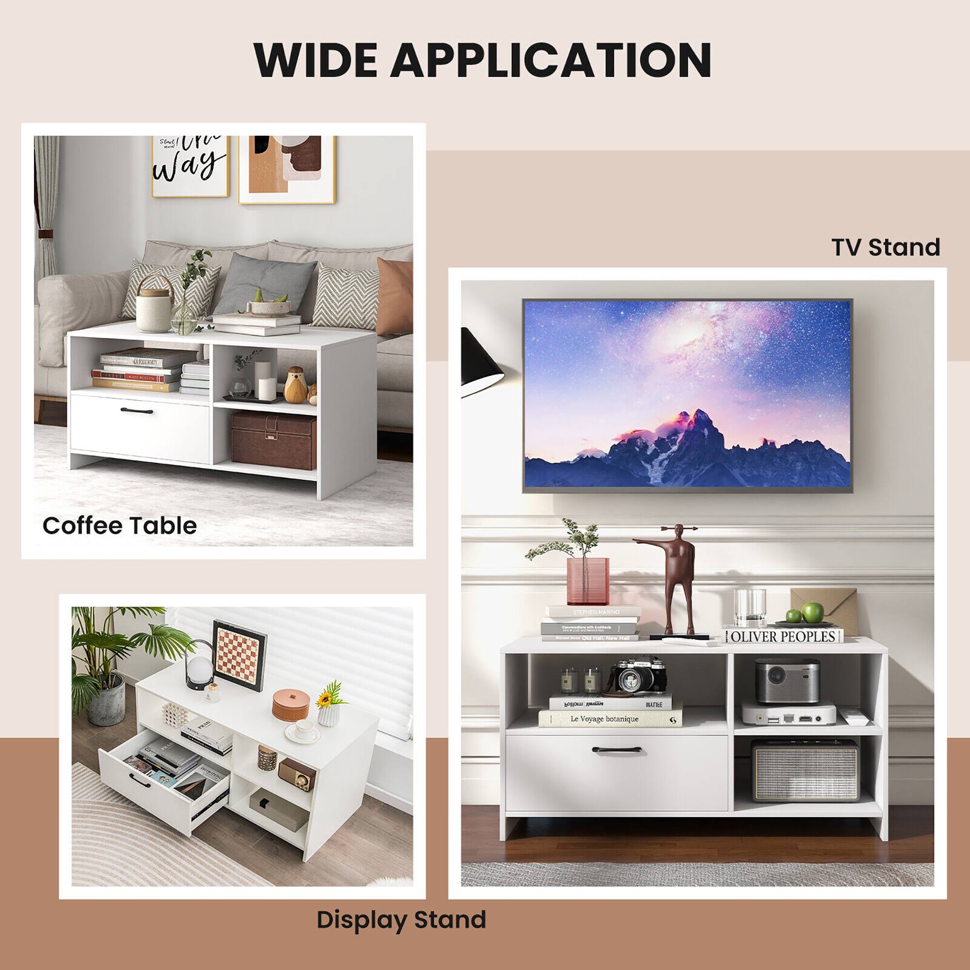 The text on the image is grouped and corrected as follows:

1. Wide Application:
2. Display Stand:
3. Coffee Table:
4. TV Stand:
5. Oliver Peoples:
6. Voyage Botanique: