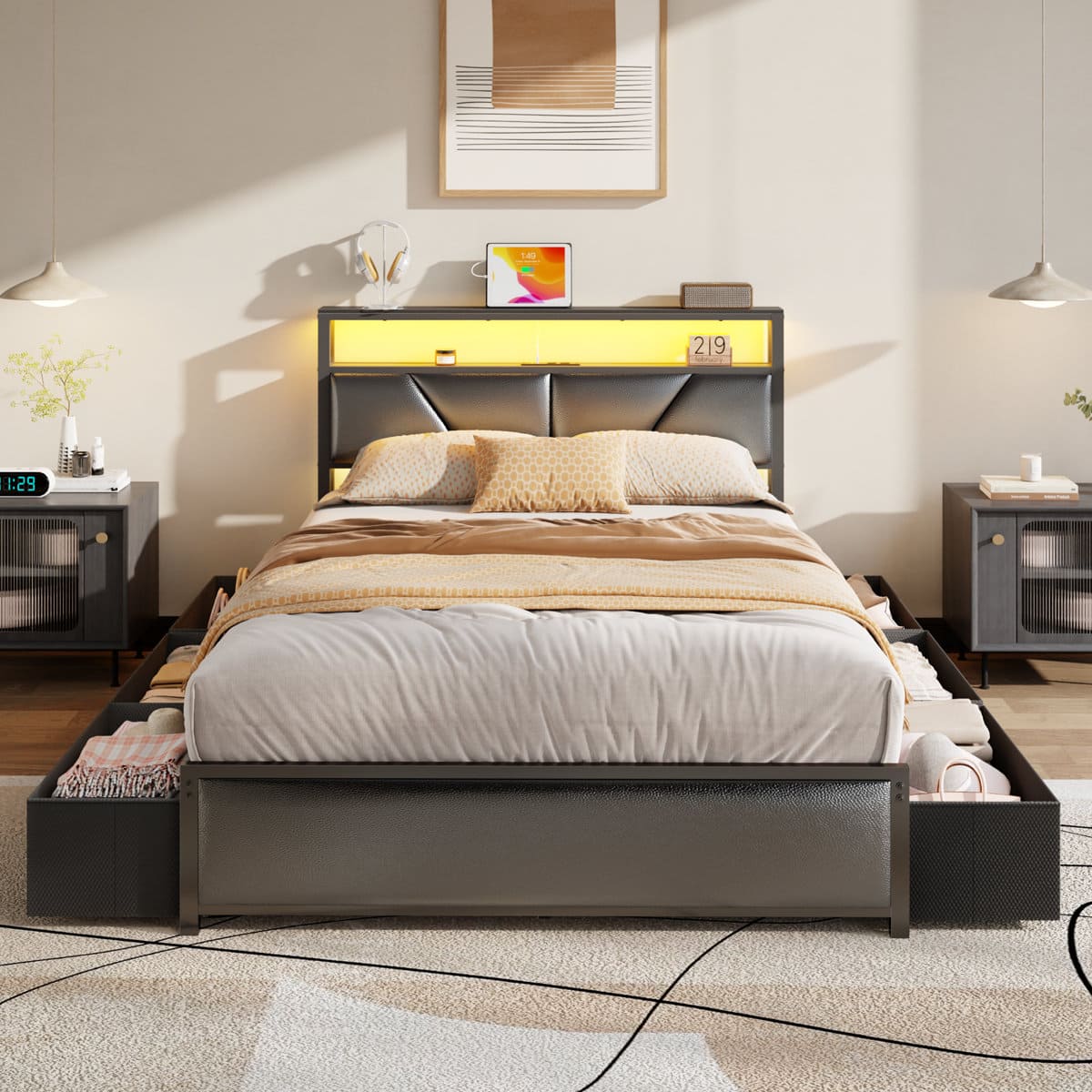 Furnulem - Bed Frame with 6 Underbed Drawers Open Storage Headboard with Charging Station - Black