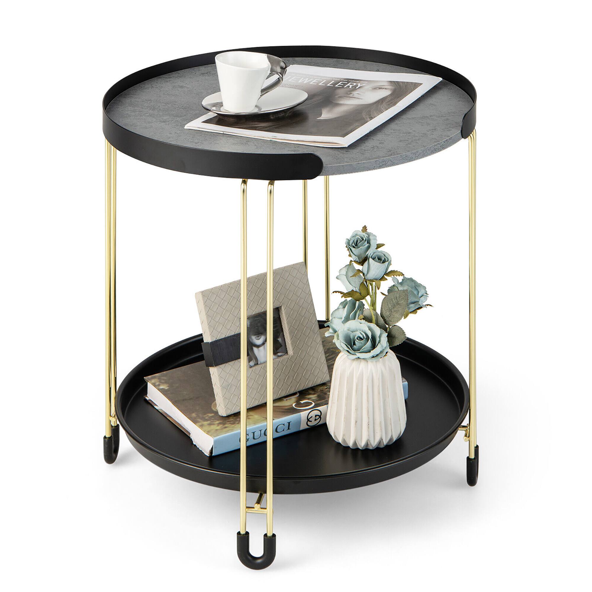 Front. Gymax - Gymax 2-Tier Side End Table Round Nightstand Gold Frame for Living Room Bedroom - Black & Gold & Grey.