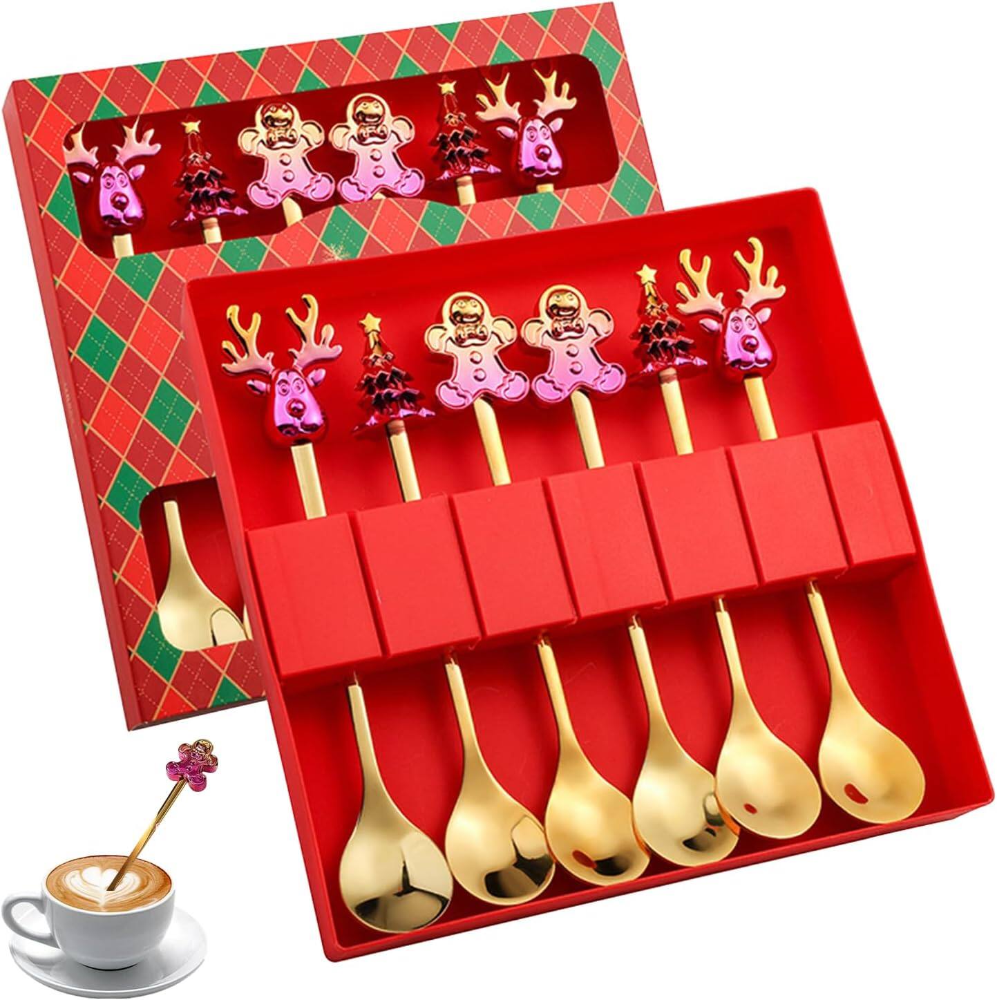 Front. Auledio - Christmas Spoon Set, 6 Pieces Christmas Coffee Spoons, Christmas Tableware, Creative Christmas Spoon for Christmas - Glod.