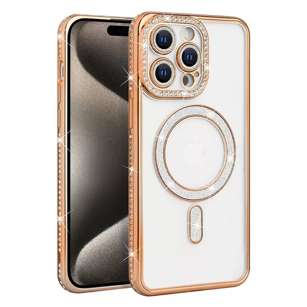 Front. Entronix - Entronix Magnetic Case for iPhone 14 Pro Max - Clear Back with Luxury Rhinestones - Gold.