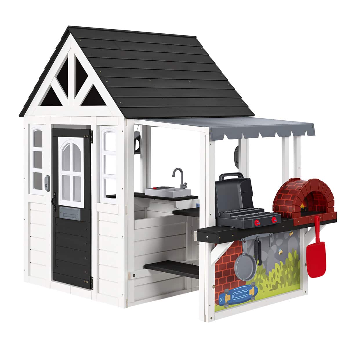 Wisairt - Wooden Outdoor Playhouse with BBQ Grill, Pizza Oven and Kitchen, Farmhouse Style for Kids Ages 3-8 - Black,White