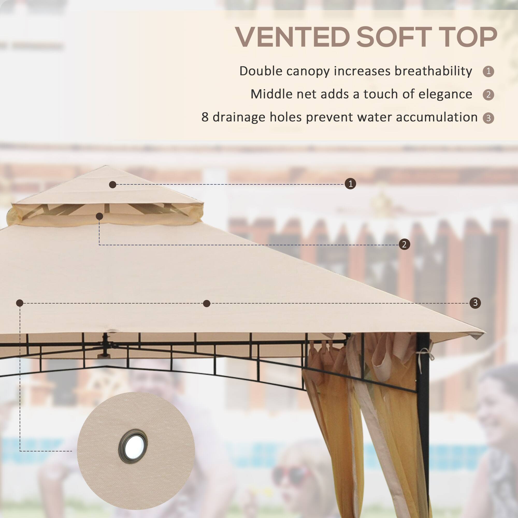 VENTED SOFT TOP

1. Double canopy increases breathability
2. Middle net adds a touch of elegance
3. 8 drainage holes prevent water accumulation