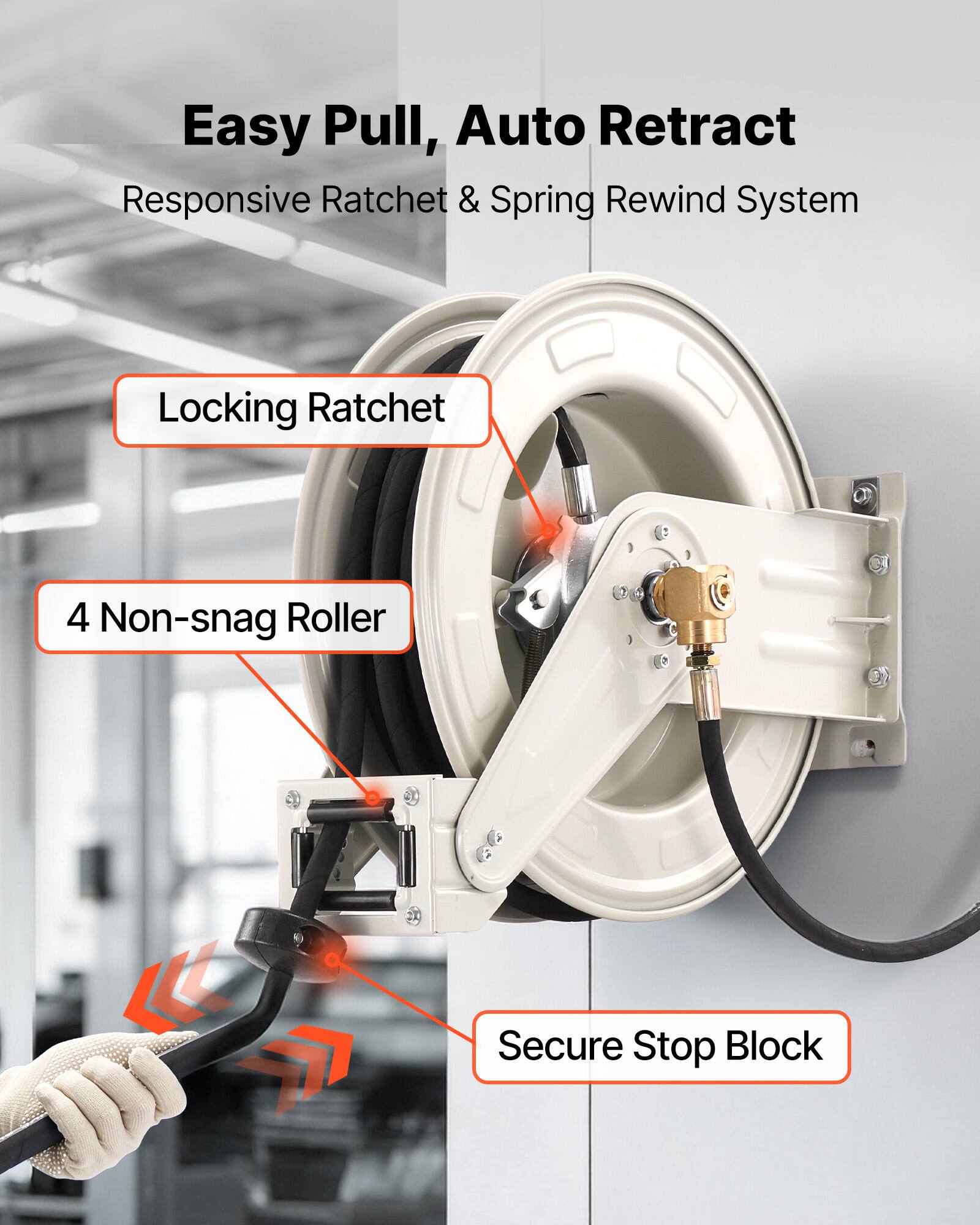 Easy Pull, Auto Retract  
Responsive Ratchet & Spring Rewind System  
Locking Ratchet  
4 Non-snag Roller  
Secure Stop Block