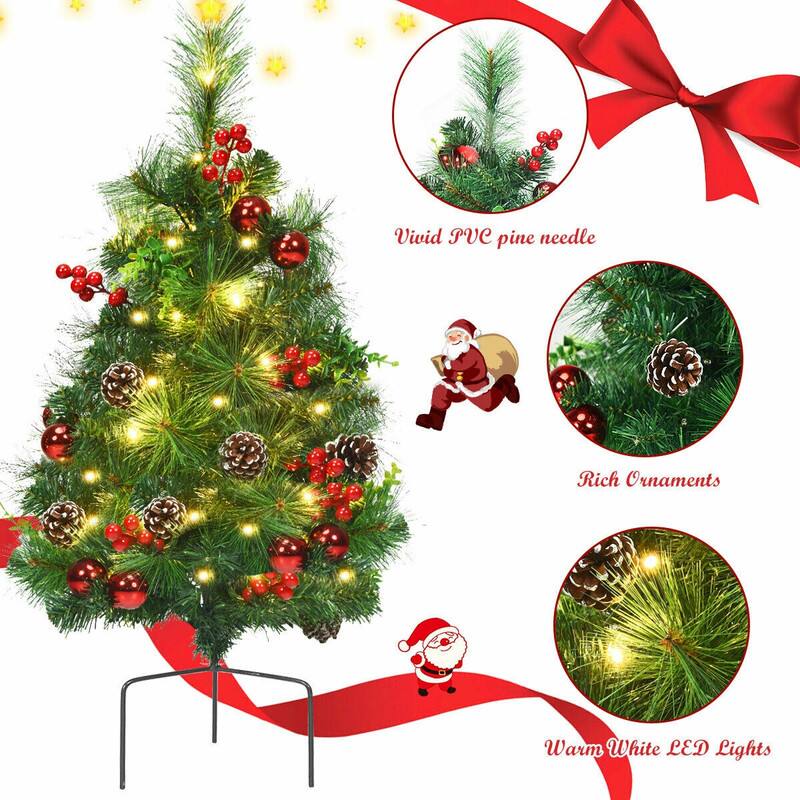 Vivid PVC pine needle  
Rich Ornaments  
Warm White LED Lights