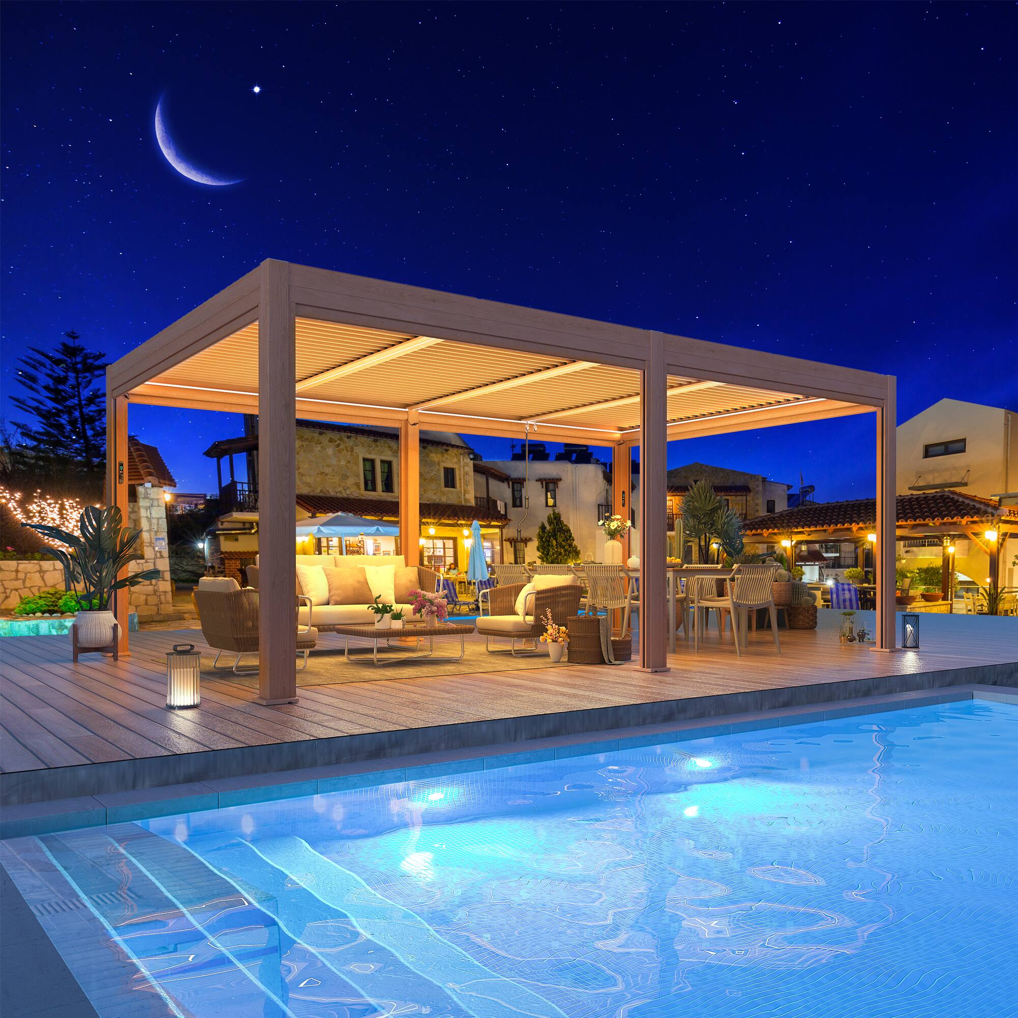 Angle. U-HOMY - Outdoor Aluminum Louvered Pergola Gazebo with Adjustable Rainproof Roof and Wood Grain Finish - 12'x20'.