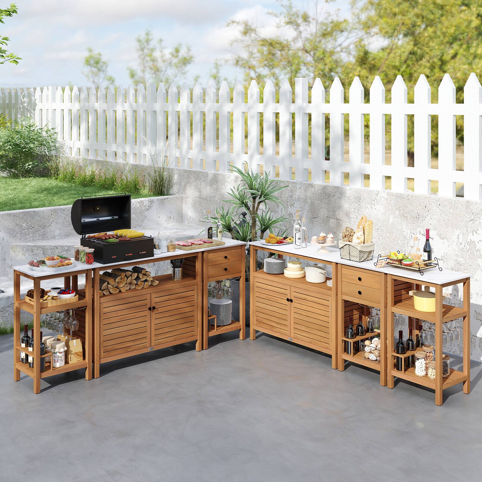 Alt View 4. Gymax - Gymax 3-Tier Patio Wood Storage Cabinet w/ Marble-Like Countertop 2 Slatted Shelves - Natural.