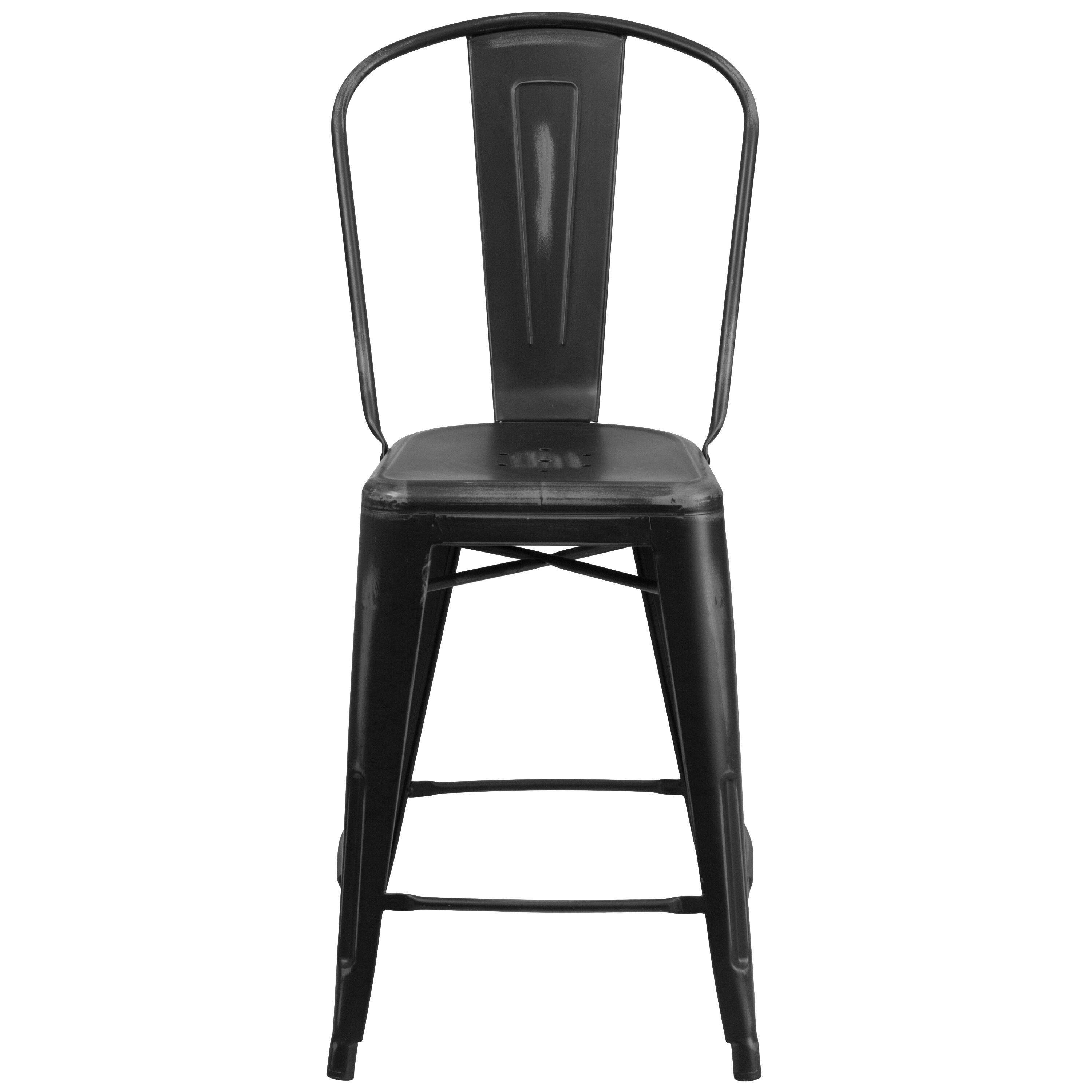 Alt View 7. Emma + Oliver - Commercial Grade 24"H Distressed Metal Indoor-Outdoor Counter Stool with Back - Black.