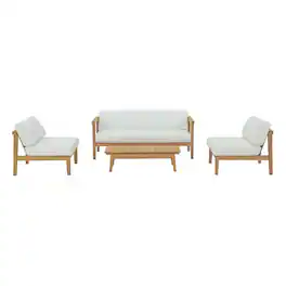 Modway - Bayport 4-Piece Teak Outdoor Patio Set - Solid Teak with All-Weather Cushions - Natural White