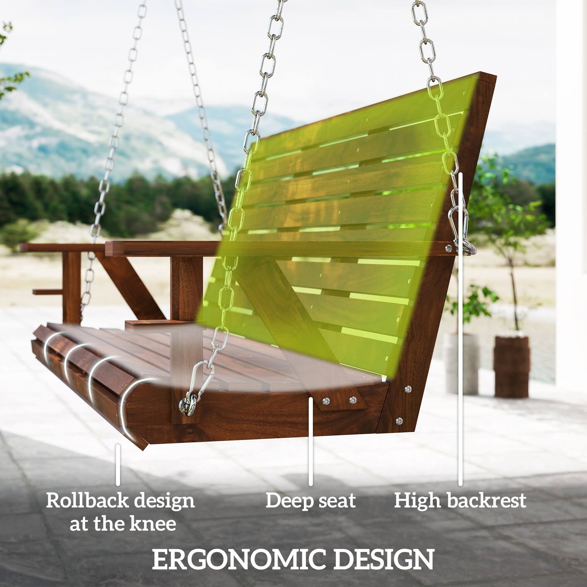 Rollback design at the knee, Deep seat, High backrest, Ergonomic design.