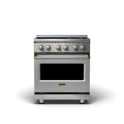Front. Viking - 5 Series 30" Wide 4.7 Cubic Foot Freestanding Electric Range - Stainless with Brushed Brass Accents.