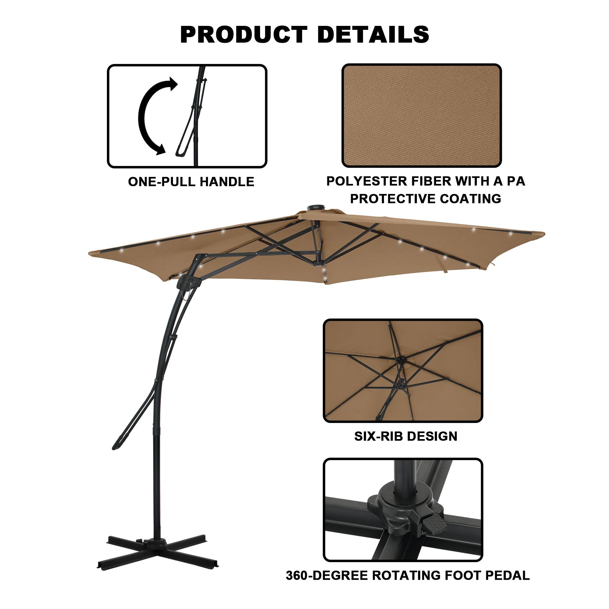 PRODUCT DETAILS

- ONE-PULL HANDLE
- POLYESTER FIBER WITH A PA PROTECTIVE COATING
- SIX-RIB DESIGN
- 360-DEGREE ROTATING FOOT PEDAL
