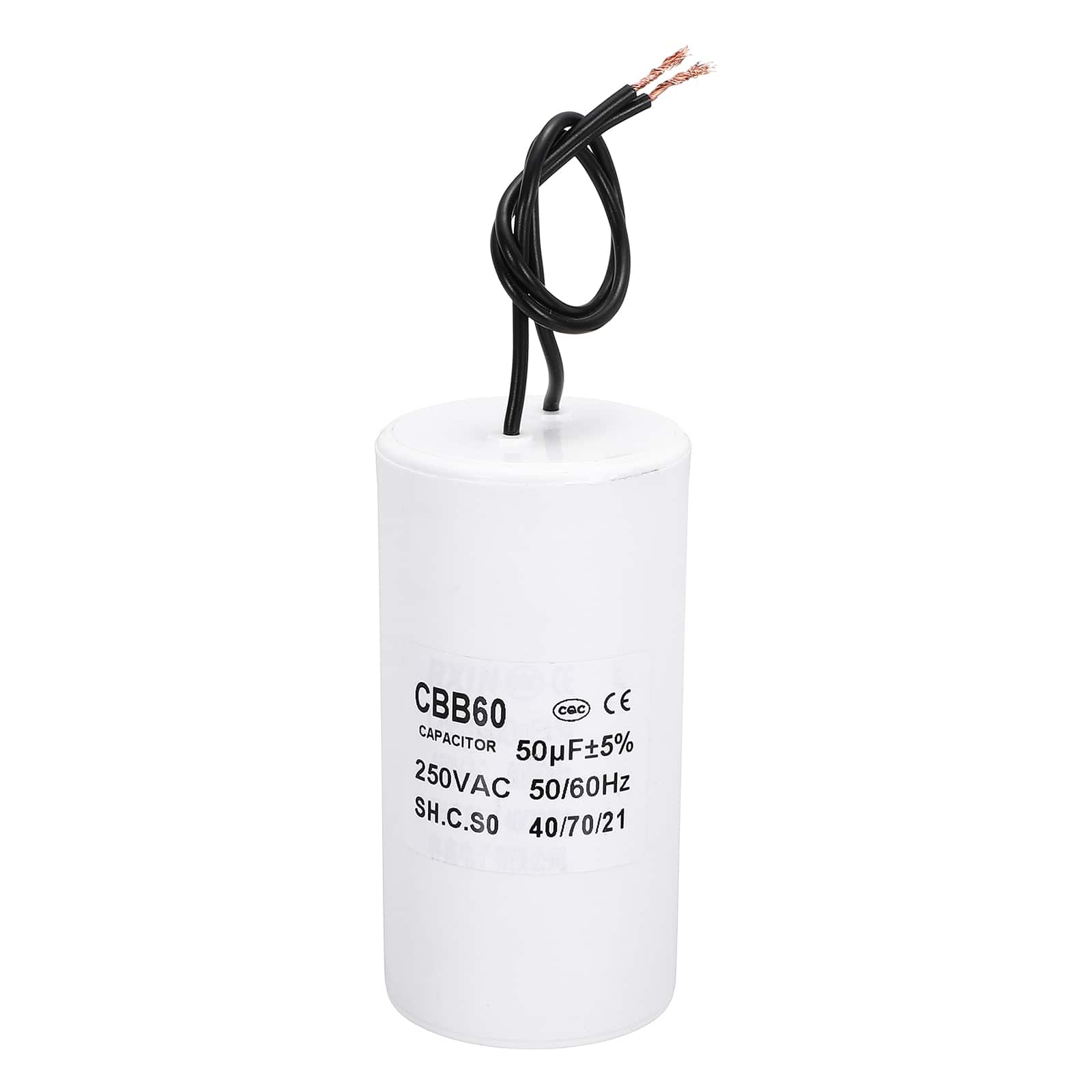 Unique Bargains - 50uF CBB60 Running Capacitor, AC 250V 2 Wires 50/60Hz Cylinder 95x50mm for Water Pumps, Washing Machines - White