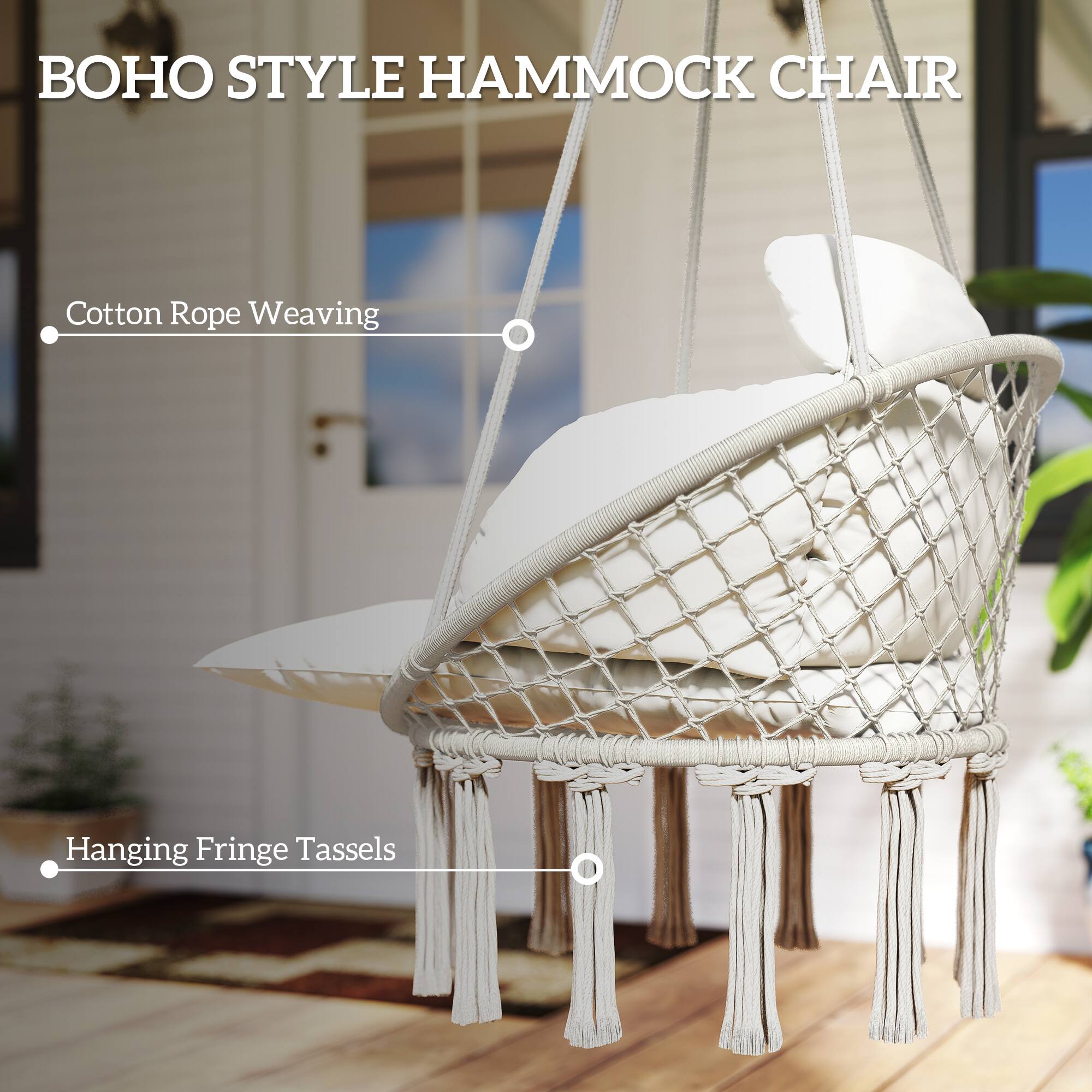 BOHO STYLE HAMMOCK CHAIR

- Cotton Rope Weaving
- Hanging Fringe Tassels