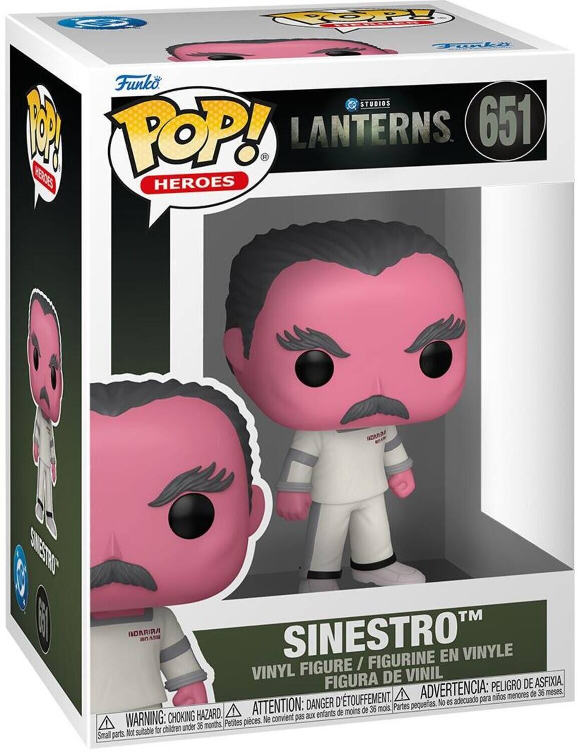 Funko POP! HEROES  
STUDIOS LANTERNS. 651  
SINESTRO  
FIGURINE EN VINYLE / VINYL FIGURE / FIGURA DE VINIL  
ADVERTENCIA: PELIGRO DE ASFIXIA. de 36 meses.  
DANGER: CHOKING HAZARD. Small parts. Not suitable for children under 36 months.  
ATTENTION: PELIGRO DE ASFIXIA. No conviene para niños menores de 36 meses.