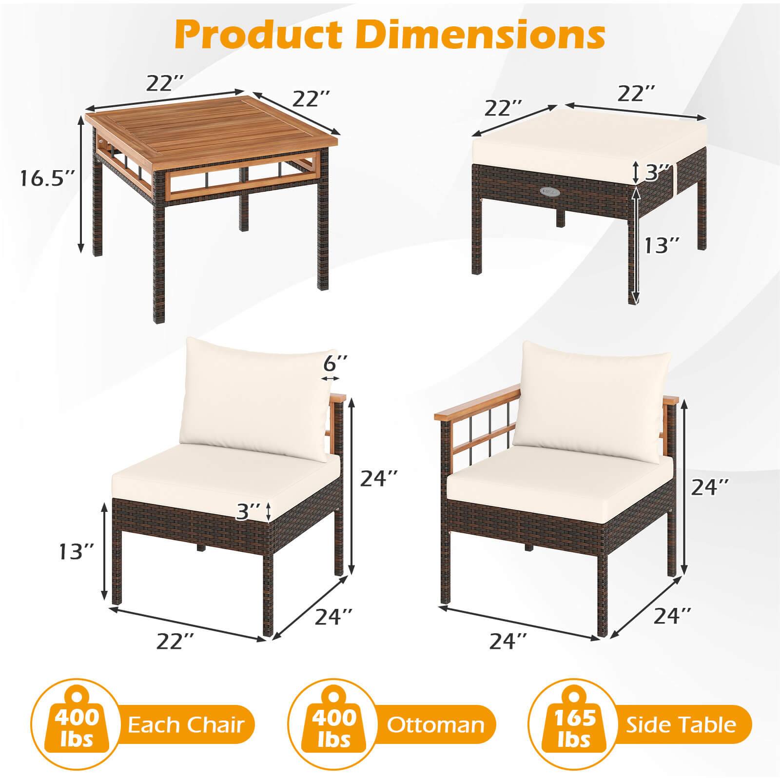 Product Dimensions  
- Table: 22" x 22" x 16.5"  
- Ottoman: 22" x 22" x 13"  
- Side Table: 6" x 13"  
- Chair: 24" x 24" x 22" x 13"  

Weight Capacity  
- Each Chair: 400 lbs  
- Ottoman: 400 lbs  
- Side Table: 165 lbs