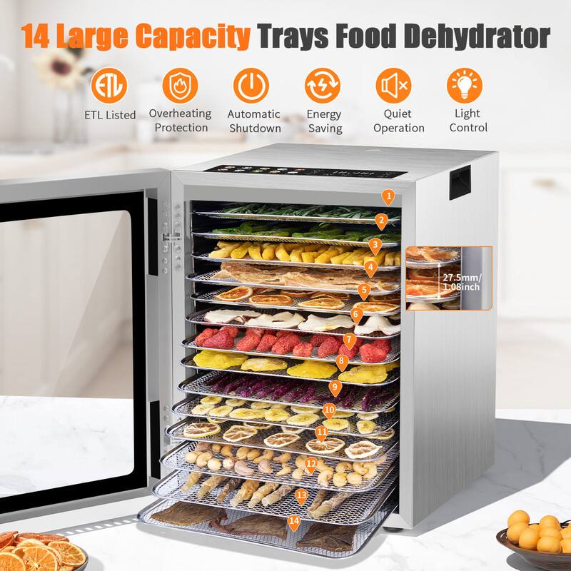 14 Large Capacity Trays Food Dehydrator

- ETL Listed
- Overheating Protection
- Automatic Shutdown
- Energy Saving
- Quiet Operation
- Light Control

27.5mm / 1.08inch
