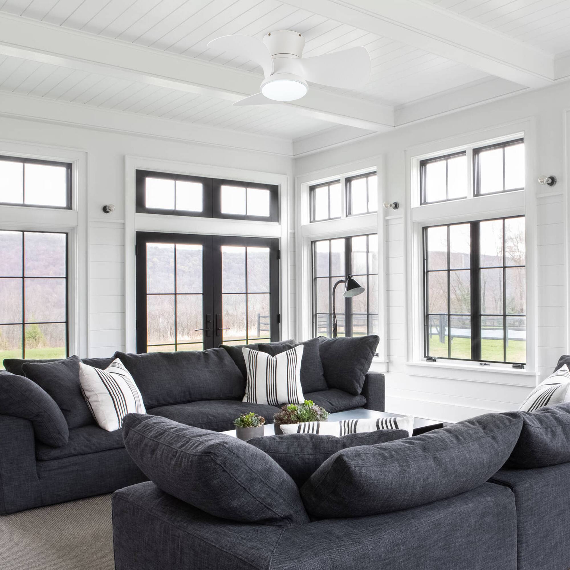 Angle. Parrot Uncle - 31" Modern White Dimmable LED Hugger Ceiling Fan with Light and Remote - Matte White.