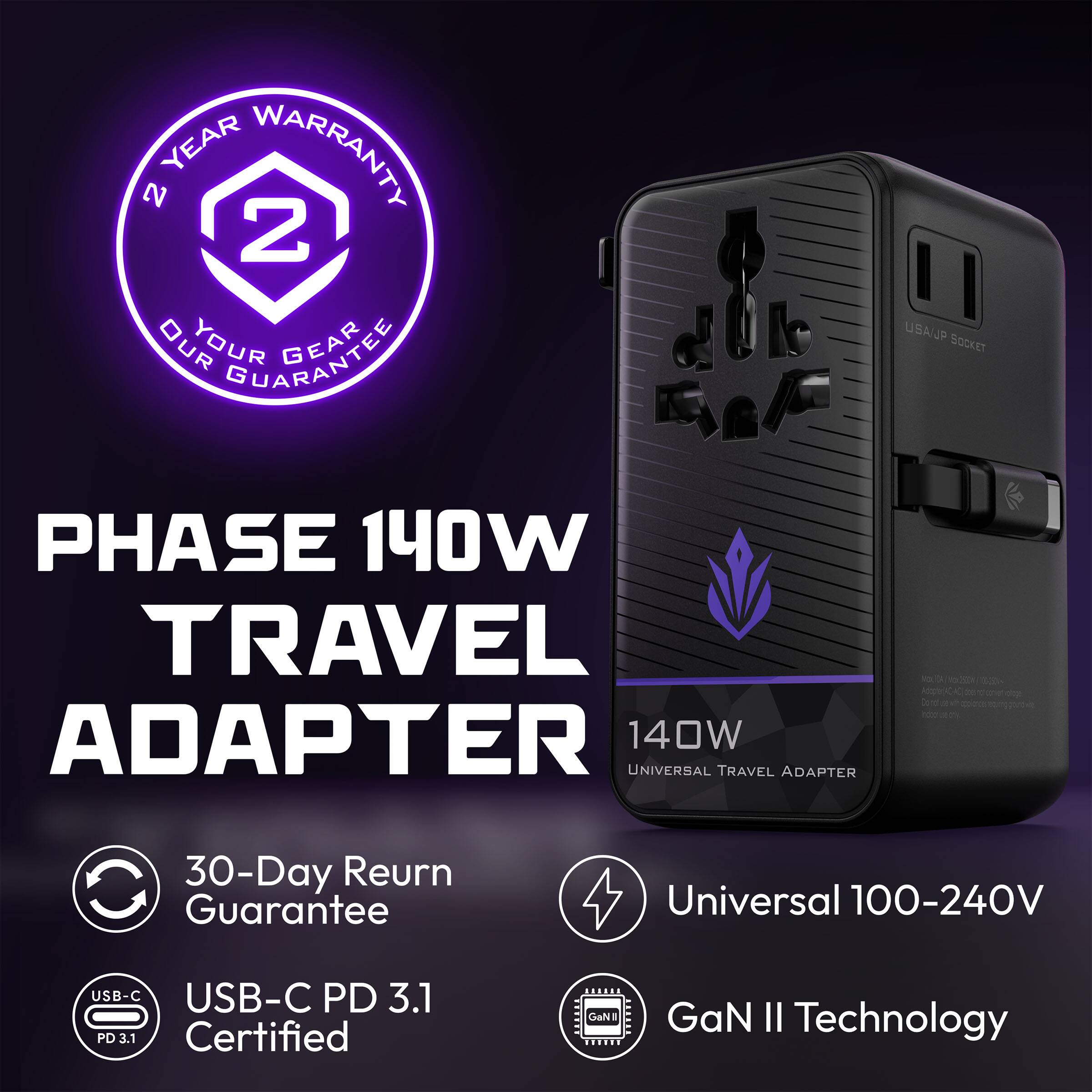 2 YEAR WARRANTY  
2 YOUR GEAR GUARANTEE  

PHASE 140W TRAVEL ADAPTER  

30-Day Return Guarantee  
Universal 100-240V  
USB-C PD 3.1 Certified  
GaN II Technology