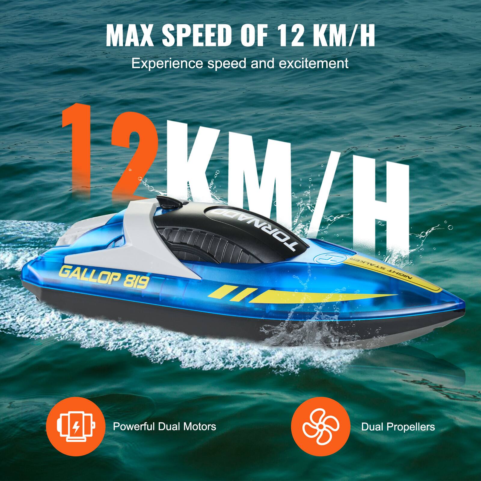 MAX SPEED OF 12 KM/H  
Experience speed and excitement  

12 KM/H  

GALLOP 819  

Powerful Dual Motors  
Dual Propellers