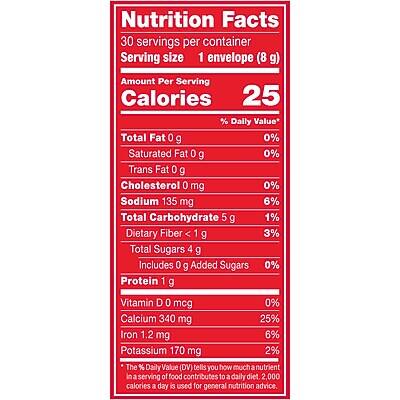 **Nutrition Facts**

30 servings per container  
Serving size: 1 envelope (8 g)

**Amount Per Serving**

- **Calories:** 25  
  **% Daily Value***

- **Total Fat:** 0 g  
  **0%**

- **Saturated Fat:** 0 g  
  **0%**

- **Trans Fat:** 0 g

- **Cholesterol:** 0 mg  
  **0%**

- **Sodium:** 135 mg  
  **6%**

- **Total Carbohydrate:** 5 g  
  **1%**

  - **Dietary Fiber:** <1 g  
    **3%**

  - **Total Sugars:** 4 g  
    Includes 0 g Added Sugars  
    **0%**

- **Protein:** 1 g

- **Vitamin D:** 0 mcg  
  **0%**

- **Calcium:** 340 mg  
  **25%**

- **Iron:** 1.2 mg  
  **6%**

- **Potassium:** 170 mg  
  **2%**

*The % Daily Value (DV) tells you how much a nutrient in