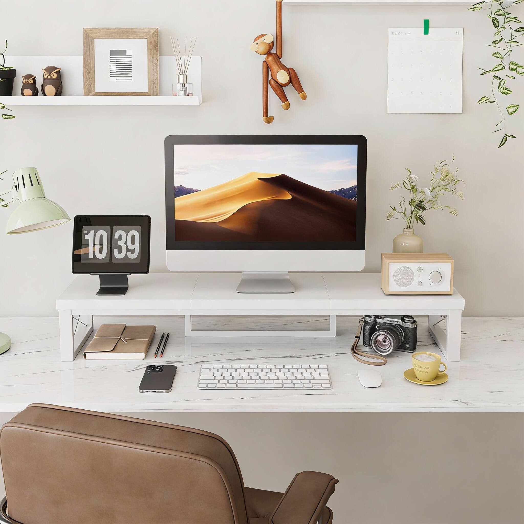Alt View 2. Frangdom - White Dual Monitor Riser Wood Shelf Steel Legs 2 Screen Desk Stand - White.