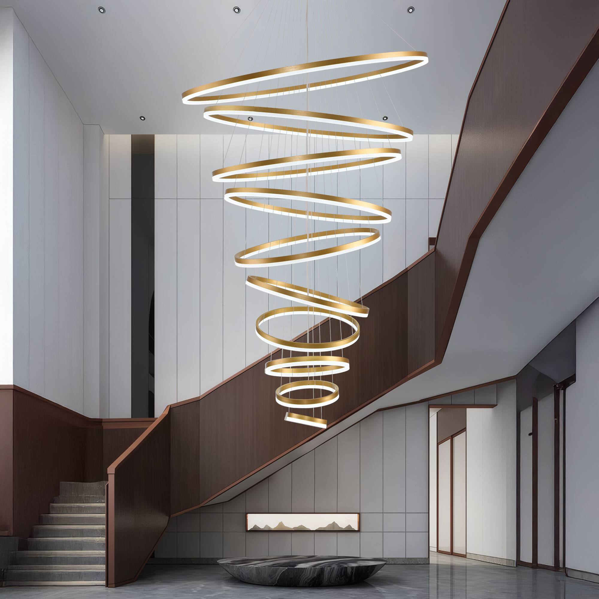 Angle. RYHNUYNE - 10 Ring LED Chandelier with Remote Adjustable Dimmable Pendant Light for High Ceilings, Foyer, Living Room.