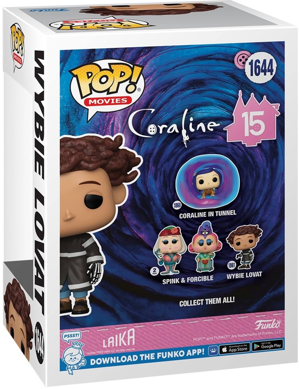 The text on the image can be grouped and corrected as follows:

**Front of the Box:**
- POP! MOVIES
- Coraline 15
- 1644
- CORALINE IN TUNNEL
- SPINK & FORCIBLE
- WYBIE LOVAT
- COLLECT THEM ALL!

**Bottom of the Box:**
- PSSST! FUNKO
- LAIKA
- DOWNLOAD THE FUNKO APP!
- POP!™ and FUNKO™ are trademarks of Funko, LLC
- Download on the App Store Google LLC
- All rights reserved

**Additional Information:**
- Funko of Funko, LLC
- App Coraline 02024 LAKA APP!