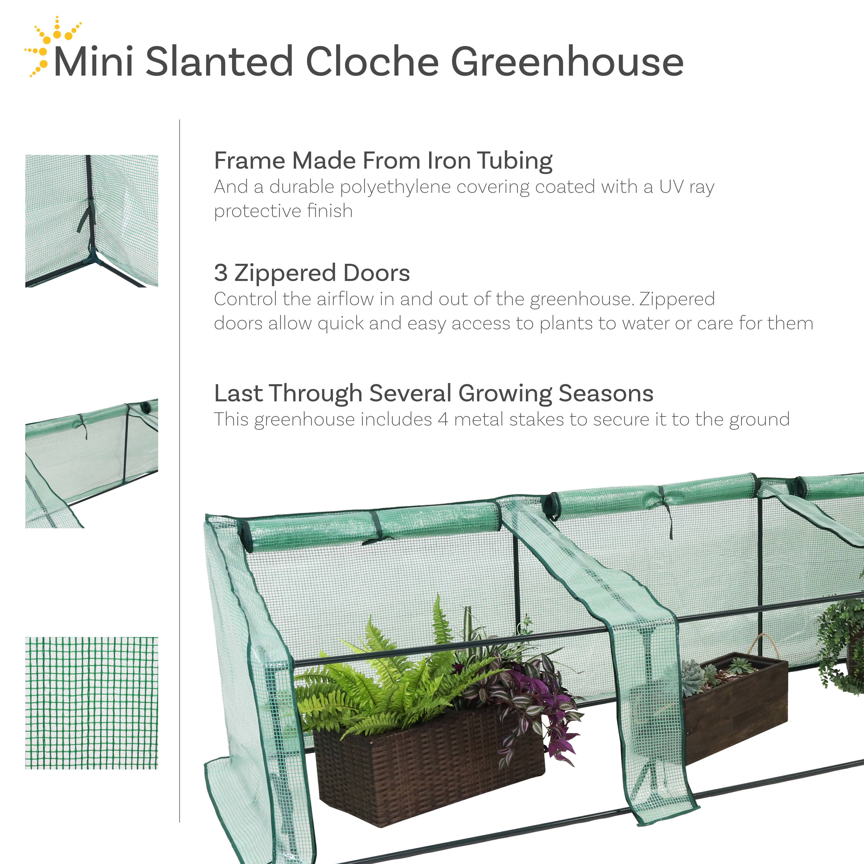Mini Slanted Cloche Greenhouse

Frame Made From Iron Tubing
And a durable polyethylene covering coated with a UV ray protective finish

3 Zippered Doors
Control the airflow in and out of the greenhouse. Zippered doors allow quick and easy access to plants to water or care for them

Last Through Several Growing Seasons
This greenhouse includes 4 metal stakes to secure it to the ground