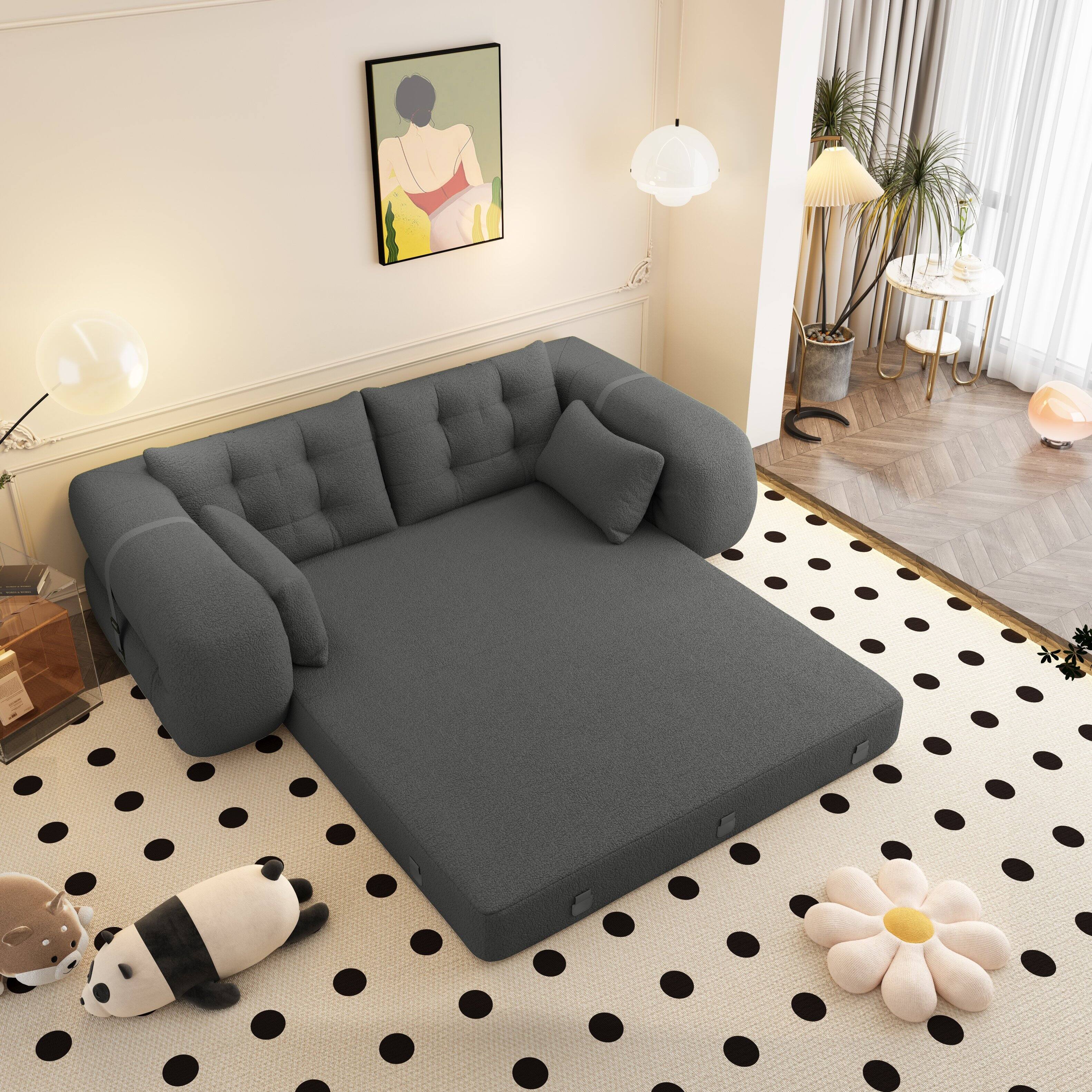 Left. Anysun - Sofa Bed - 3-in-1 Foldable Sleeper, Teddy Fabric, Foam-Filled, for Living Room, Guest Bed & Playroom - Gray.