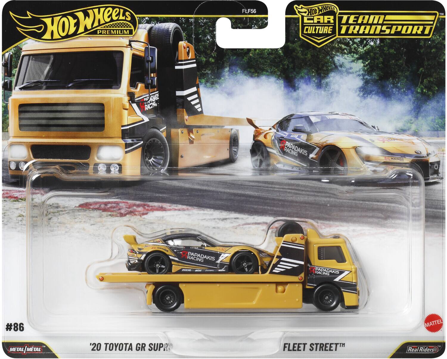 Hot Wheels Premium  
FLF56  
Hot Wheels Car Team Transport  
Papadakis Racing  
#86  
'20 Toyota GR Supra  
Fleet Street™  
Real Riders  
Metal/Metal™  
Mattel