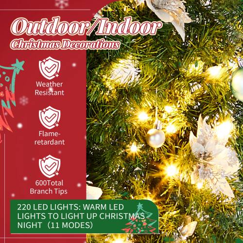 Outdoor/Indoor Christmas Decorations

- Weather Resistant
- Flame-retardant
- 600 Total Branch Tips

220 LED Lights: Warm LED Lights to Light Up Christmas Night (11 Modes)