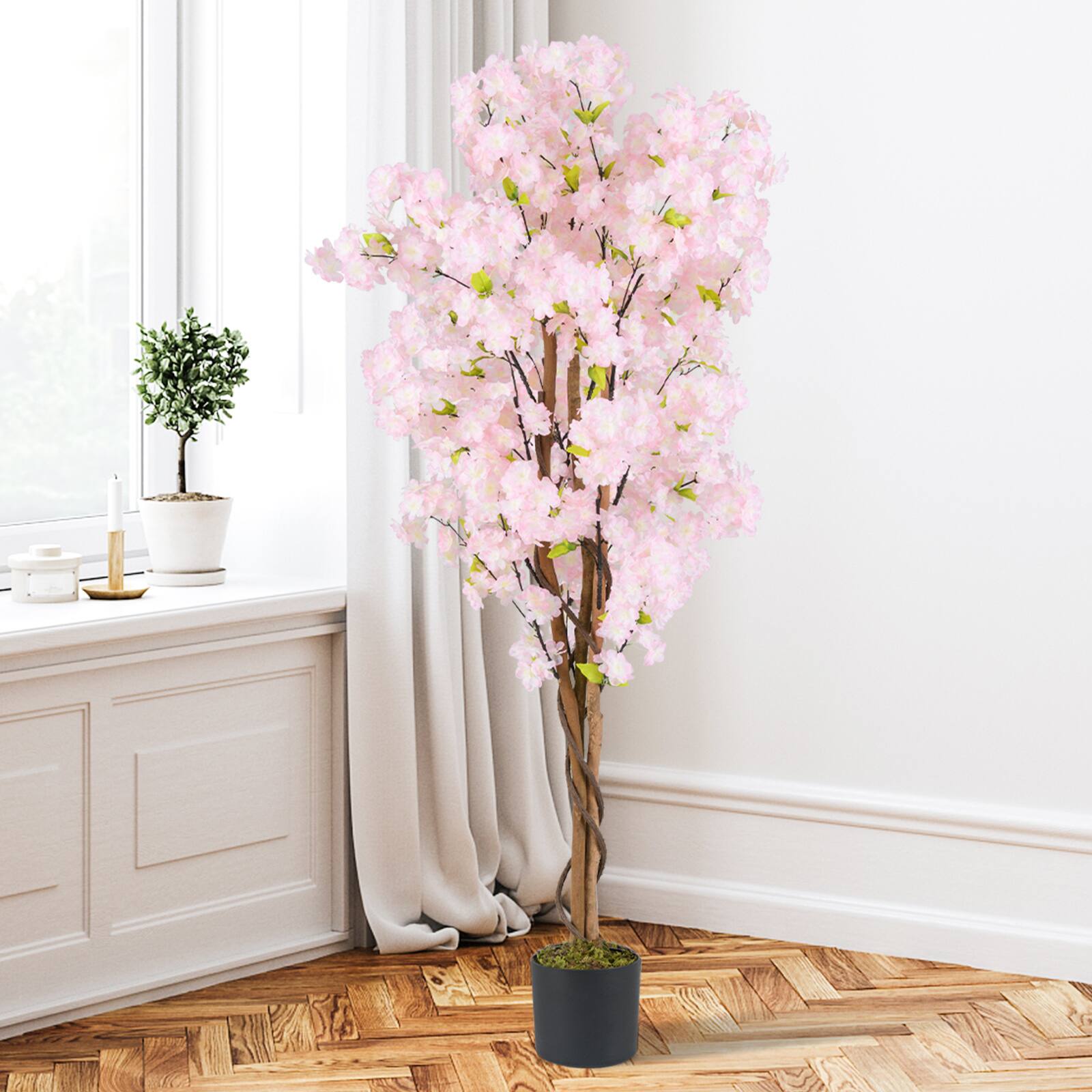 Alt View 5. Gymax - Gymax 2PCS 5 FT Tall Artificial Cherry Blossom Tree Faux Flower Plant in Nursery Pot - Pink.