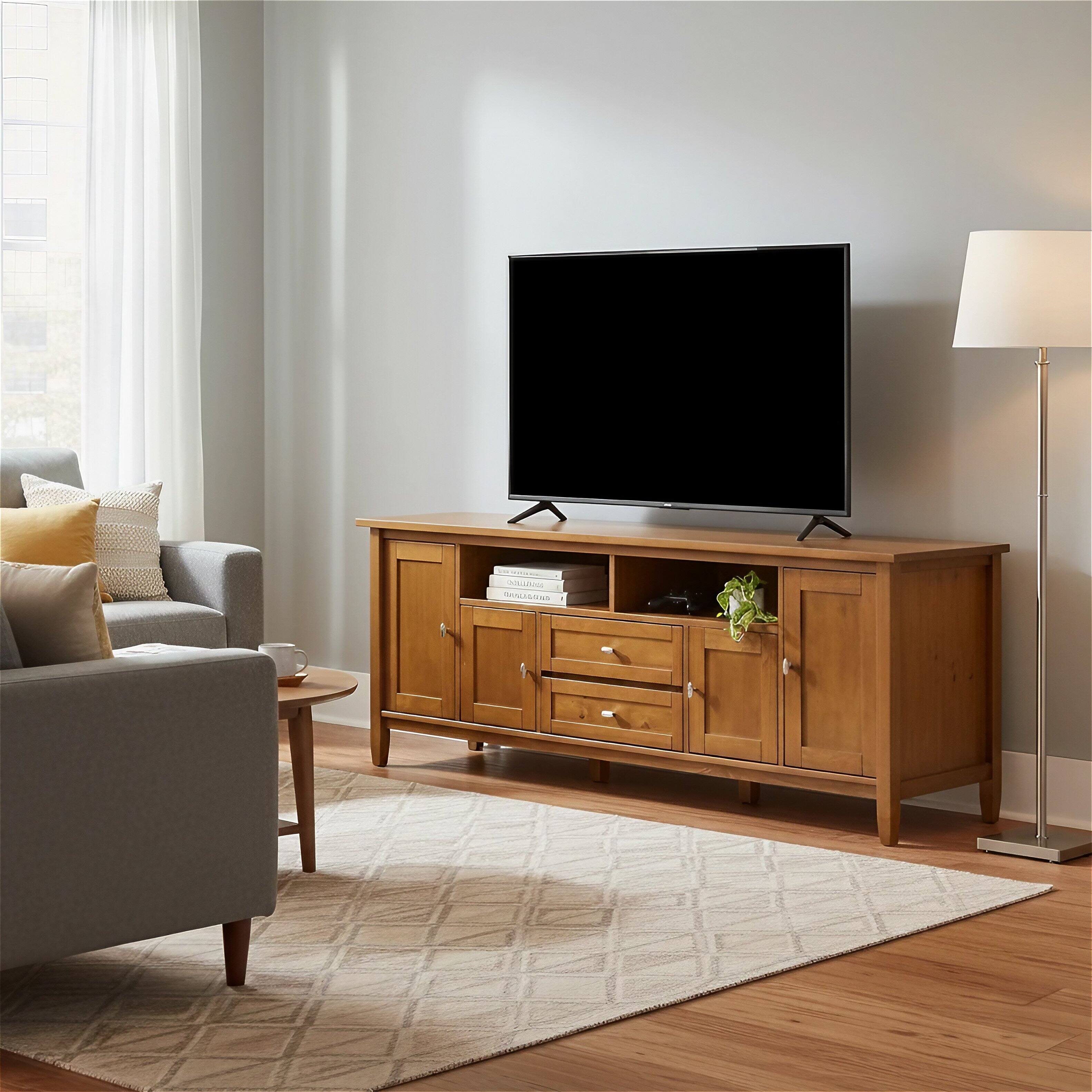 Simpli Home - Warm Shaker 72 inch Wide Solid Wood TV Stand - Warm Honey Brown