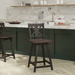 Emma + Oliver - Luther Wooden Modern Farmhouse Swivel Dining Stool with Decorative Carved Back - Gray Wash Walnut