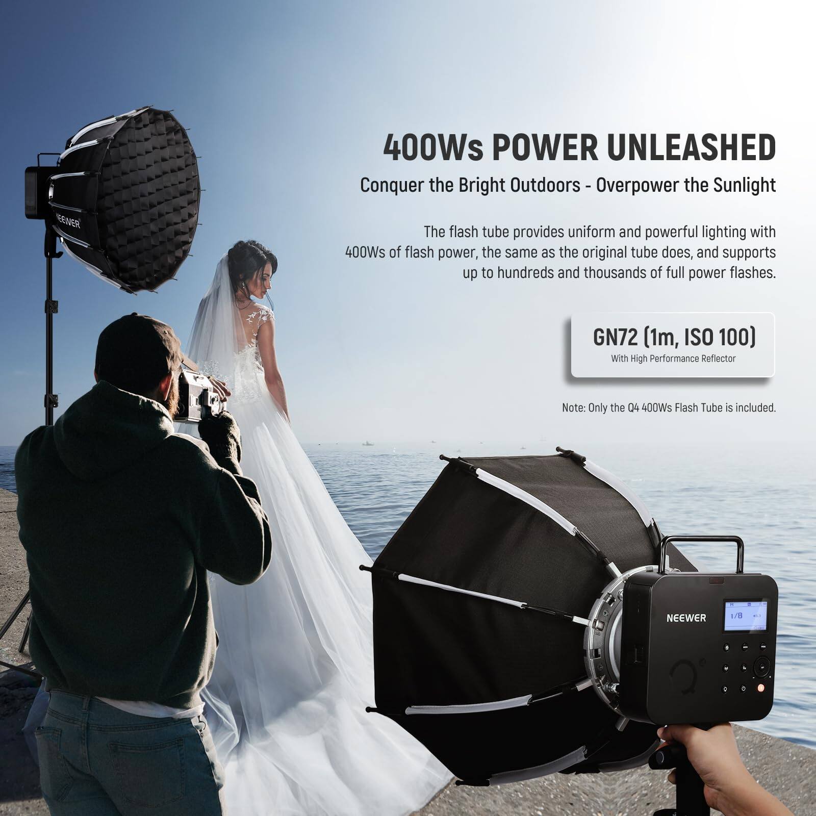 400Ws POWER UNLEASHED  
Conquer the Bright Outdoors - Overpower the Sunlight  

The flash tube provides uniform and powerful lighting with 400Ws of flash power, the same as the original tube does, and supports up to hundreds and thousands of full power flashes.  

GN72 (1m, ISO 100)  
With High Performance Reflector  

Note: Only the Q4 400Ws Flash Tube is included.
