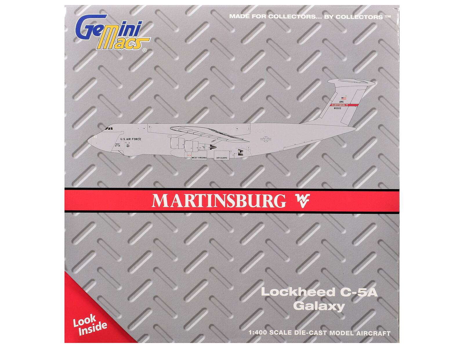 Gemini Macs  
MADE FOR COLLECTORS... BY COLLECTORS  
U.S. AIR FORCE  
MARTINSBURG W  
Look Inside  
Lockheed C-5A Galaxy  
1:400 SCALE DIE-CAST MODEL AIRCRAFT