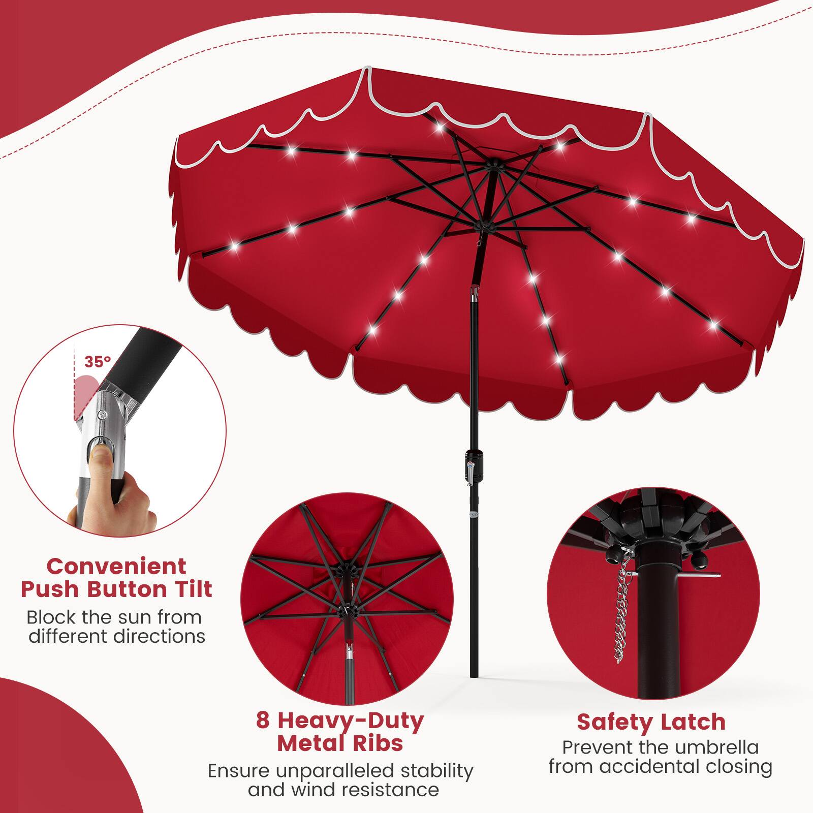 Convenient Push Button Tilt Block the sun from different directions, 8 Heavy-Duty Metal Ribs Ensure unparalleled stability and wind resistance, Safety Latch Prevent the umbrella from accidental closing