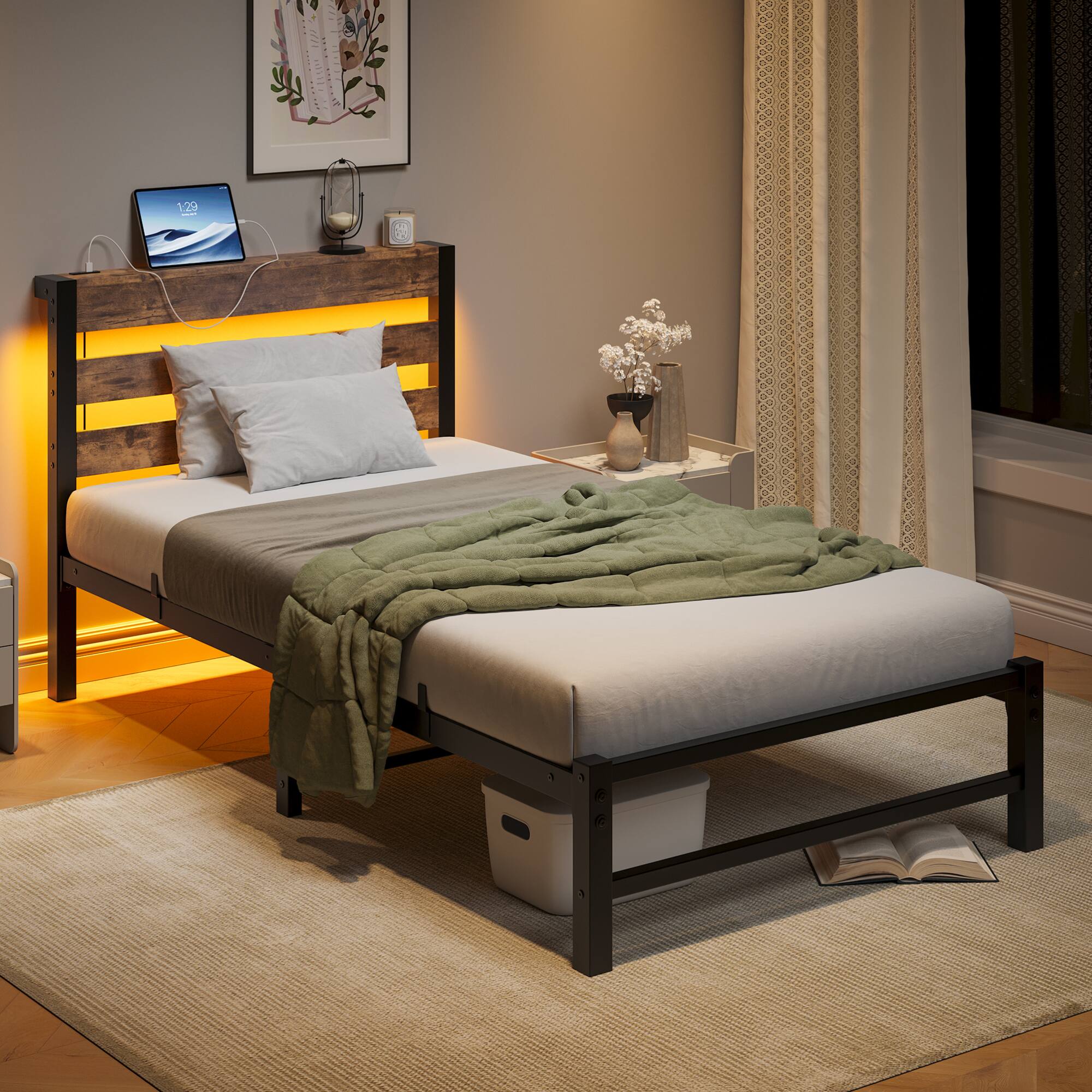 Left. GOODSILO - Heavy Duty Twin Size Platform Bed Frame with USB Charging, LED Lighting, and Under-Bed Storage - Beige+Brown.